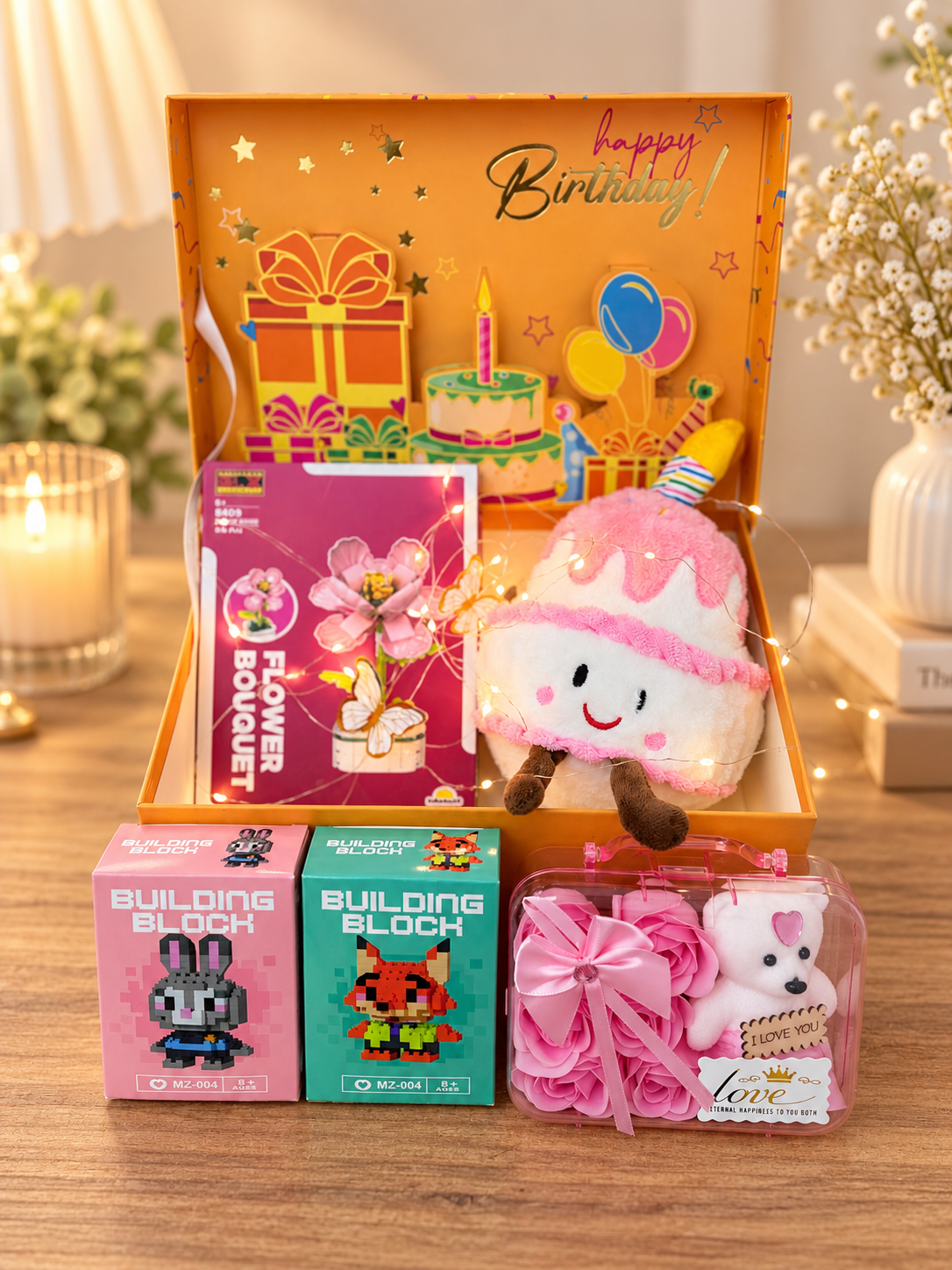 LED Işıklı 3D Happy Birthday Hediye Kutusu – Peluş Pasta, Çiçek Lego ve Mini Bricks