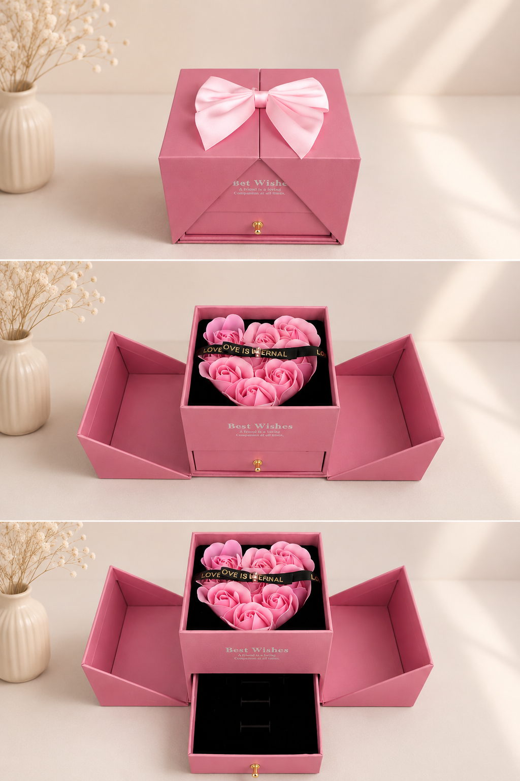 Açılır Çekmeceli Pembe Çiçekli Hediye Kutusu – Daisy Duck, Tavşan ve Nar Çiçeği Seti