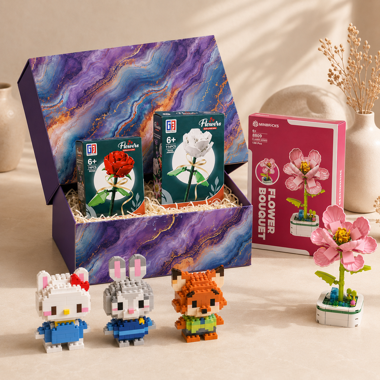 Minbricks Hediye Kutusu | Çiçek ve Mini Karakterli Özel Set