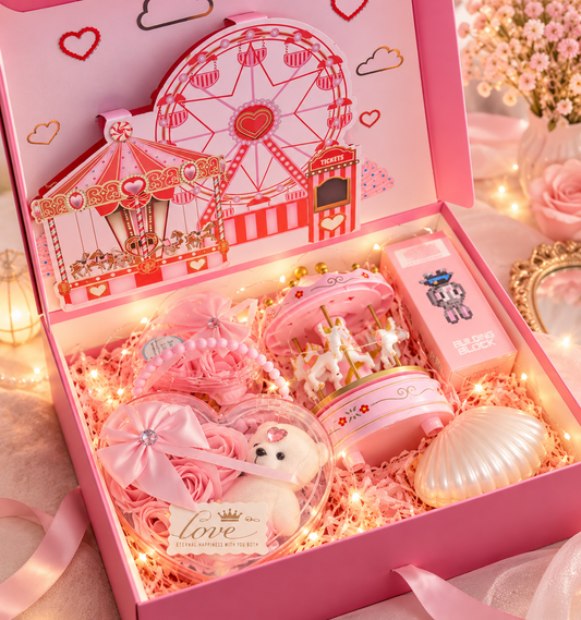 LED Işıklı 3D Pembe Lunapark Hediye Kutusu – Ayıcık, Gül ve Atlı Karınca Seti