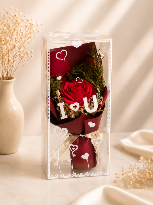Renk Seçenekli Solmayan Gül Buketi – I Love You Şeffaf Hediye Kutusu