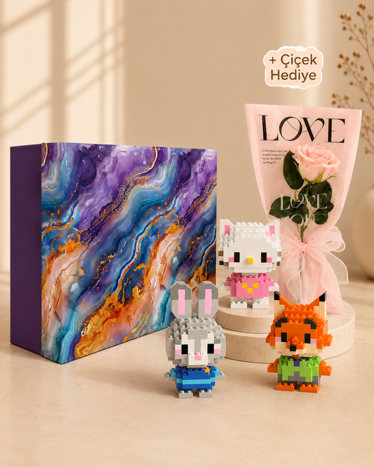 3 Sevimli Minbricks Karakteri ve Çiçek Hediyeli Özel Set