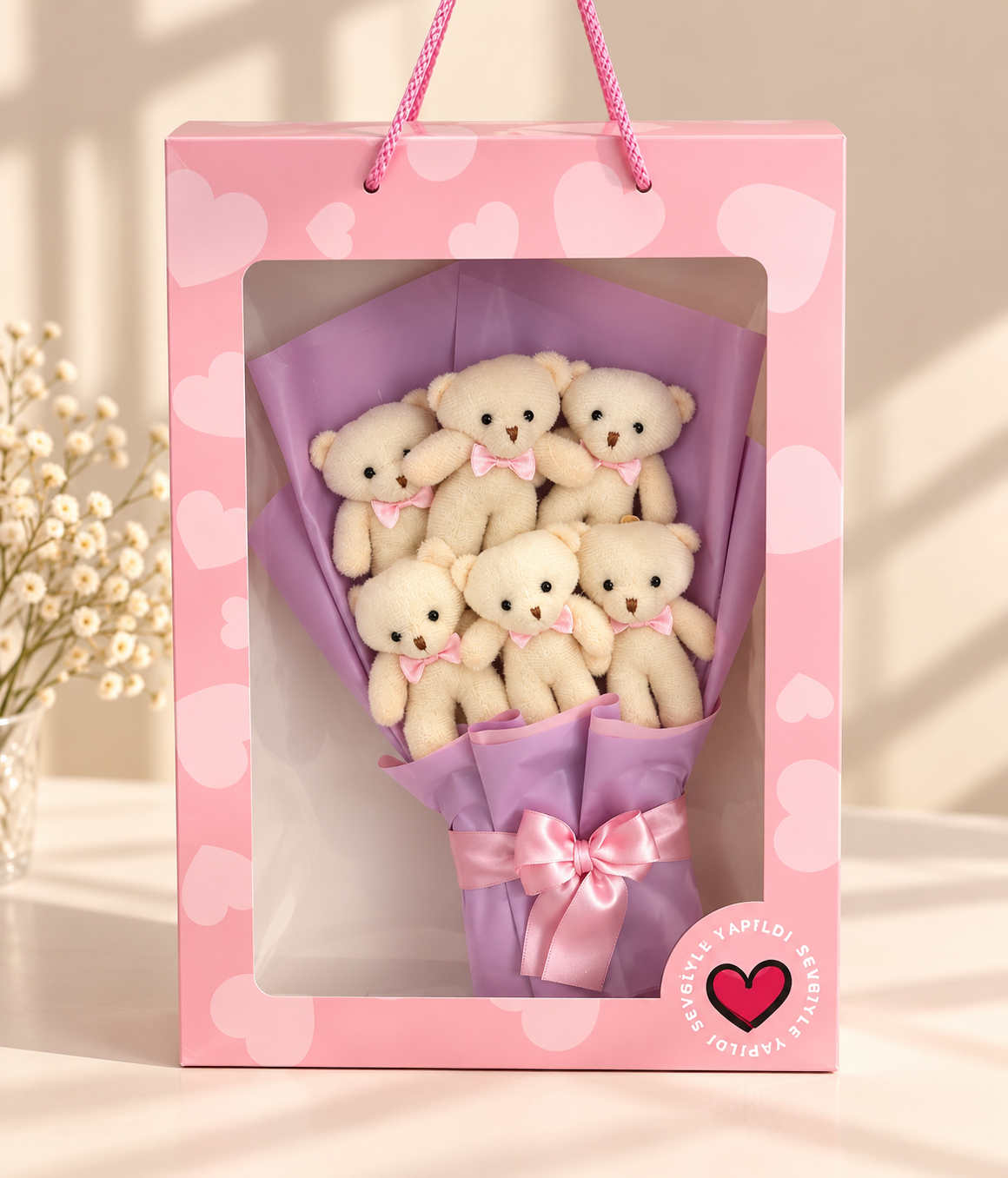 Minbricks 6 Peluş Ayıcıklı Çantalı Premium Hediye Kutusu – Tavşan, Tilki, Nar Çiçeği, Aynalı Çiçek ve Paketli Çiçek