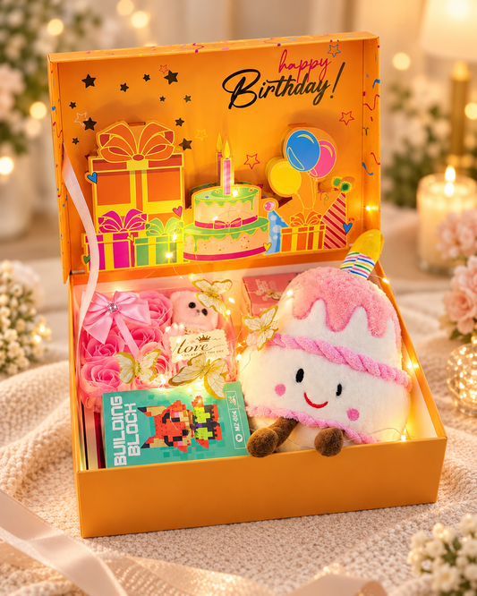 LED Işıklı 3D Happy Birthday Hediye Kutusu – Peluş Pasta, Çiçek Lego ve Mini Bricks