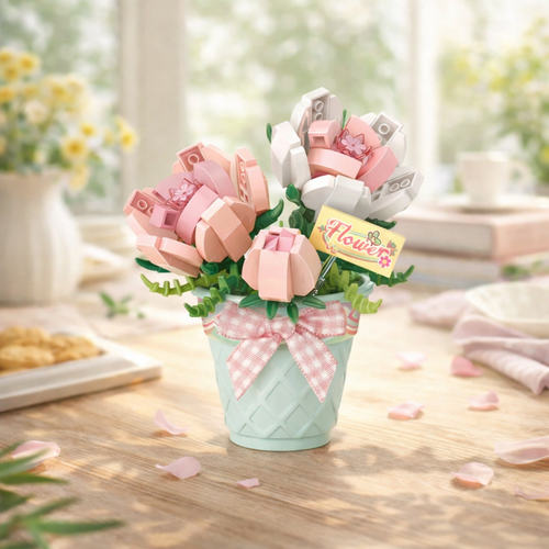 🌸 Saksıda Pembe Gül Buketi Blok Seti