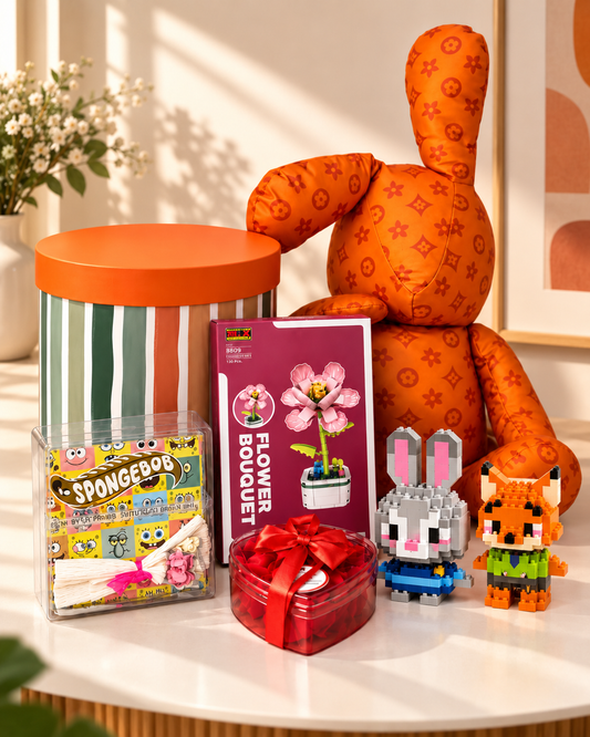 Turuncu Peluş Tavşanlı Hediye Kutusu – Çiçek ve Mini Bricks Seti