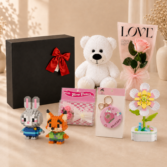 Minbricks Özel 15 CM Beyaz Peluş Ayılı Romantik Hediye Kutusu