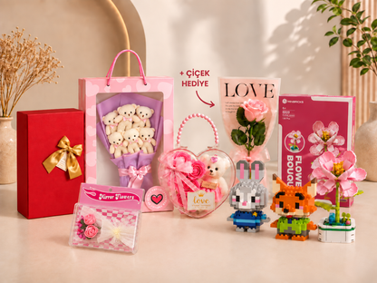 Minbricks 6 Peluş Ayıcıklı Çantalı Premium Hediye Kutusu – Tavşan, Tilki, Nar Çiçeği, Aynalı Çiçek ve Paketli Çiçek