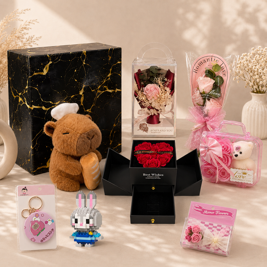Minbricks Özel 22 CM Capybara Peluşlu Güllü ve Çiçekli Premium Hediye Kutusu