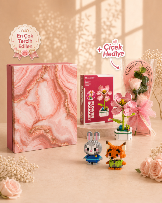 Pembe Mermer Görünümlü Minbricks Hediye Kutusu – Çiçek Hediyeli Romantik Set