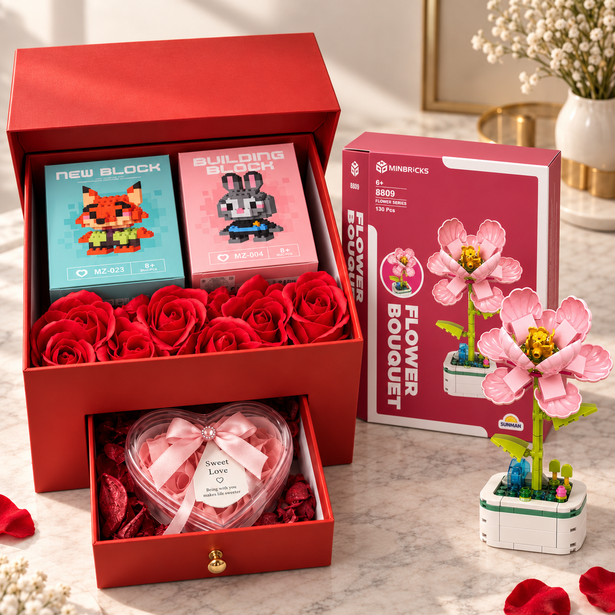 🎁 Minbricks Deluxe Büyük Çekmeceli Hediye Kutusu – Nar Çiçeği, Bricks Figürleri, Kırmızı Güller ve Kalpli Sürpriz