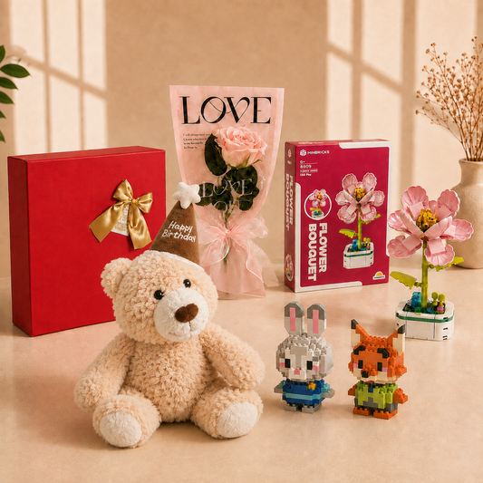 Minbricks Birthday Bear 25 CM Happy Birthday Şapkalı Ayıcık ve Çiçekli Hediye Kutusu