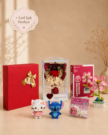 Özel Minbricks Hediye Kutusu | Nar Çiçeği, Stitch ve Hello Kitty Led Işıklı Set