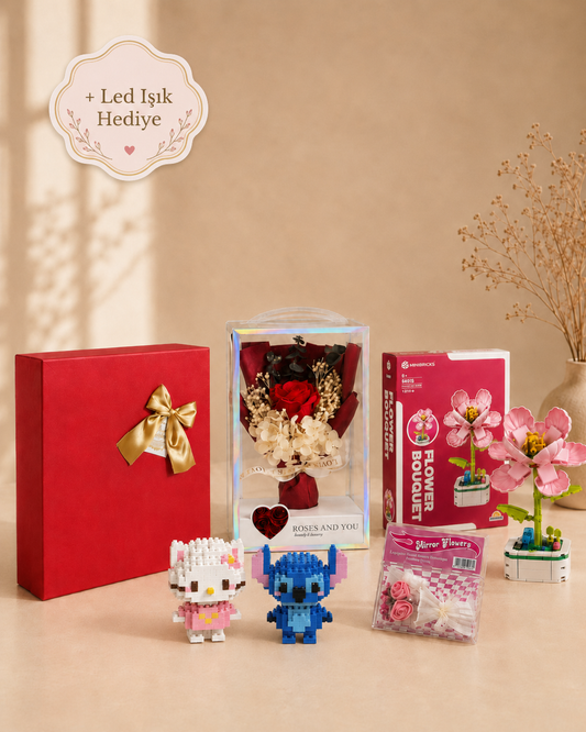 Özel Minbricks Hediye Kutusu | Nar Çiçeği, Stitch ve Hello Kitty Led Işıklı Set