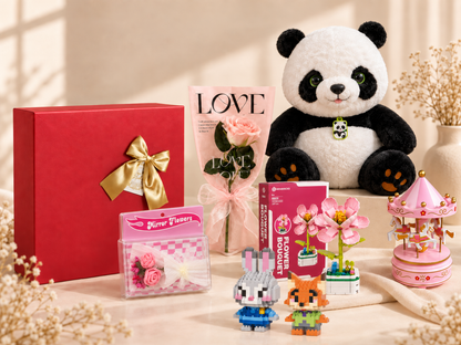 Minbricks 45 CM Panda Peluş Hediye Kutusu – Nar Çiçeği, Tavşan & Tilki, Aynalı Çiçek, Atlı Karınca ve Paketli Çiçek
