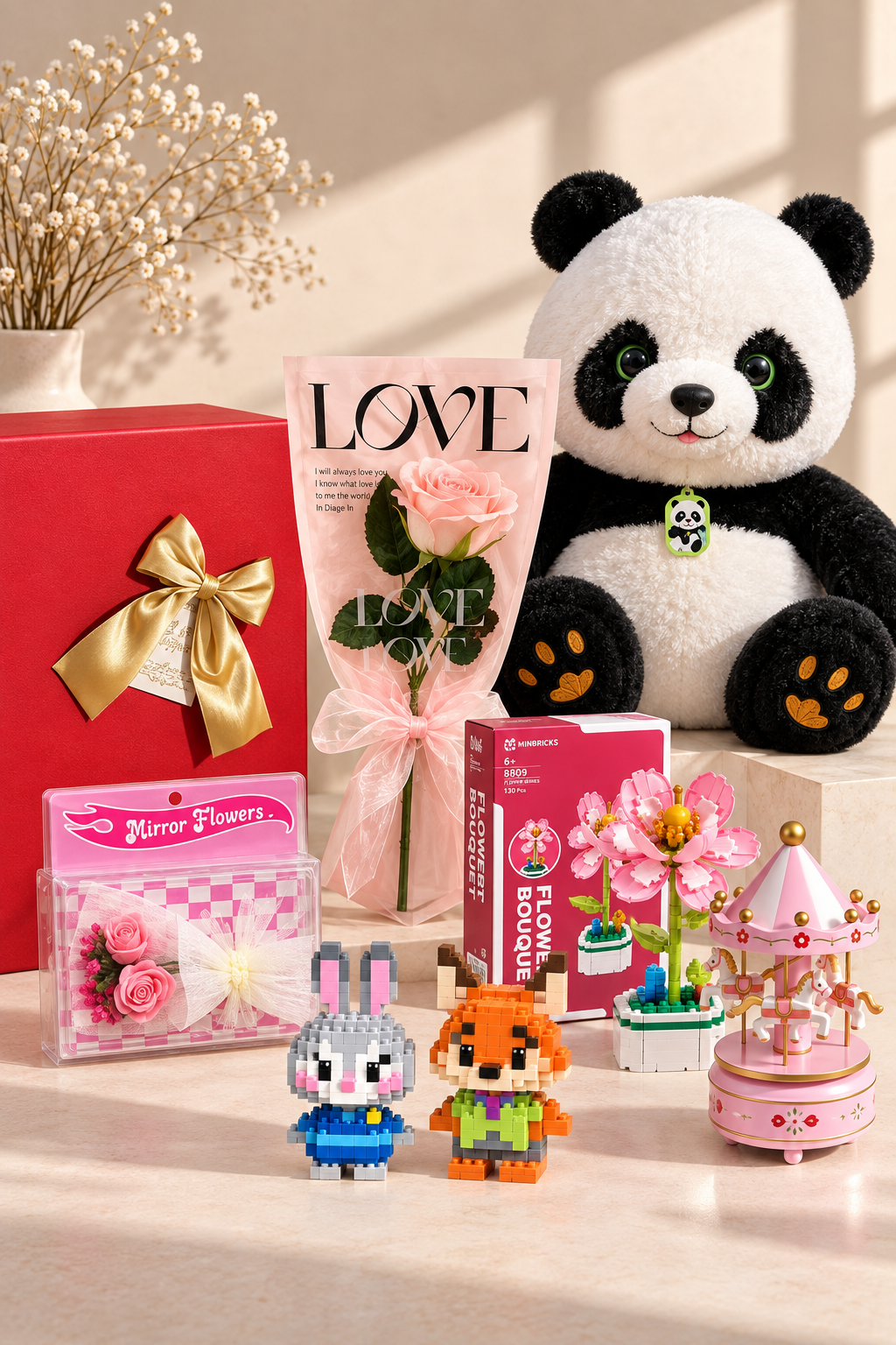 Minbricks 45 CM Panda Peluş Hediye Kutusu – Nar Çiçeği, Tavşan & Tilki, Aynalı Çiçek, Atlı Karınca ve Paketli Çiçek