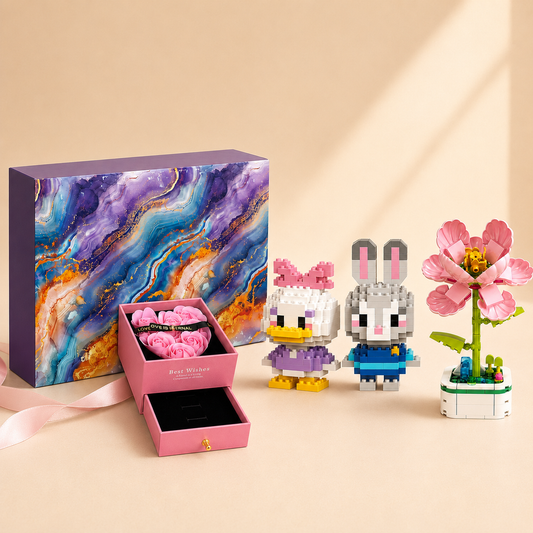 Açılır Çekmeceli Pembe Çiçekli Hediye Kutusu – Daisy Duck, Tavşan ve Nar Çiçeği Seti