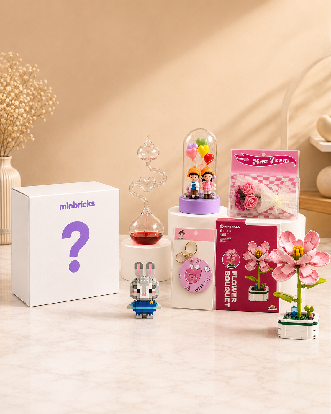 Minbricks Sürpriz Hediye Koleksiyonu | Aşk Ölçer, LED Fanus, Aynalı Çiçek & Anahtarlık