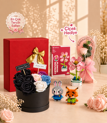Minbricks Senden Önce Senden Sonra Gül Kutusu Hediye Seti – Nar Çiçeği, Tavşan & Tilki Mini Bricks, Aynalı Çiçek ve Paketli Çiçek