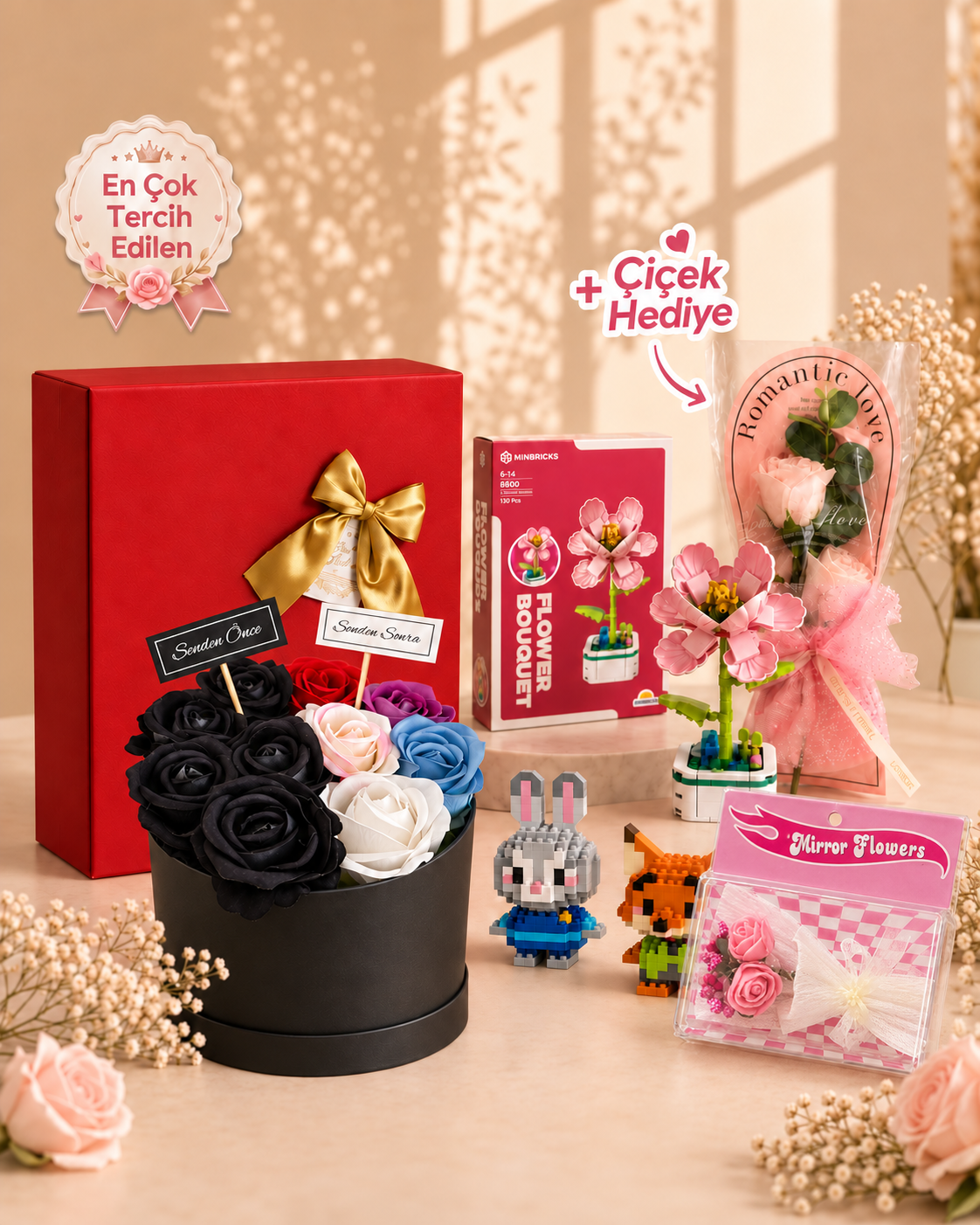 Minbricks Senden Önce Senden Sonra Gül Kutusu Hediye Seti – Nar Çiçeği, Tavşan & Tilki Mini Bricks, Aynalı Çiçek ve Paketli Çiçek