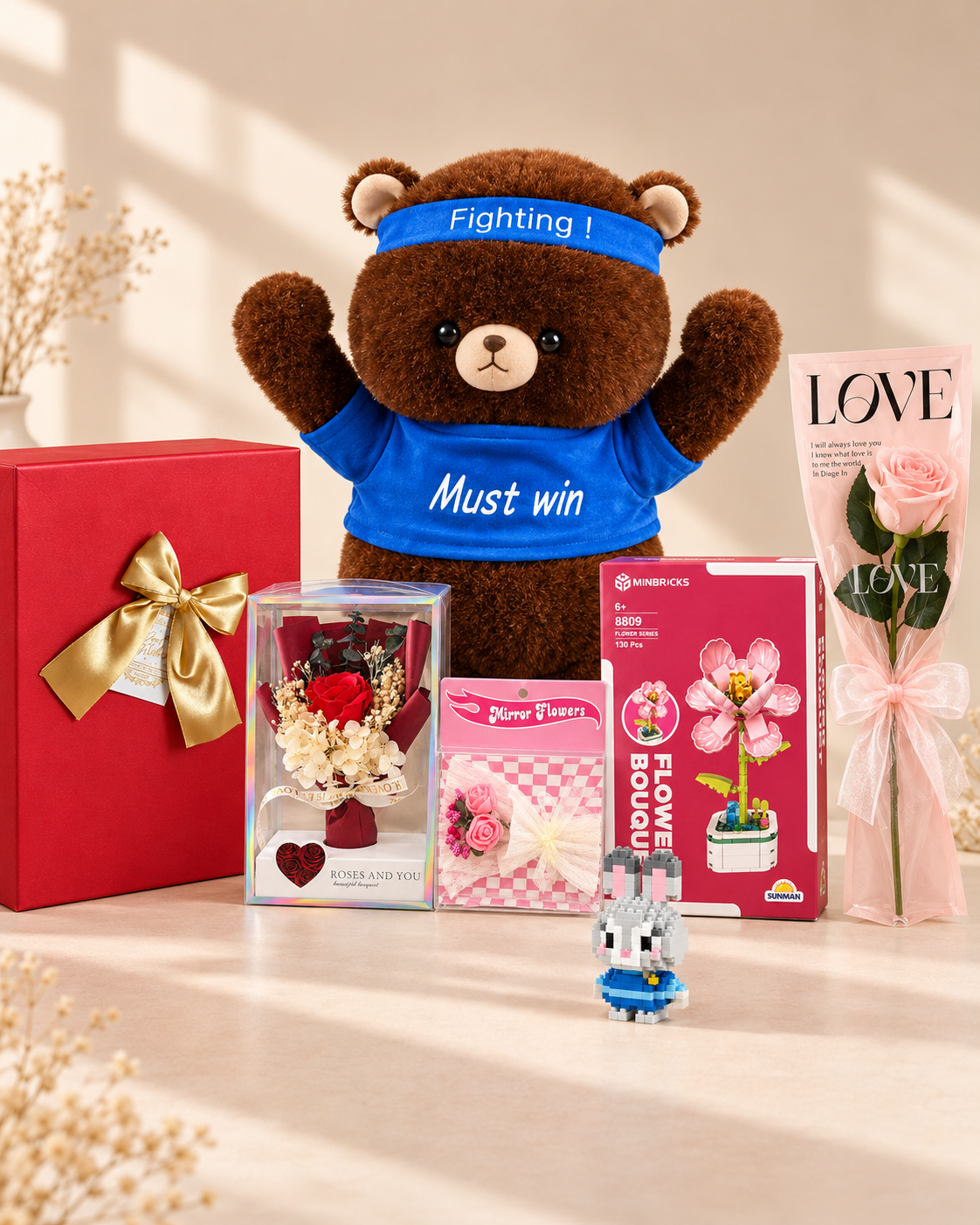 45 CM Büyük Peluş Ayıcık, Nar Çiçeği, Aynalı Çiçek, Paketli Çiçek ve Kutulu Çiçek Hediye Seti